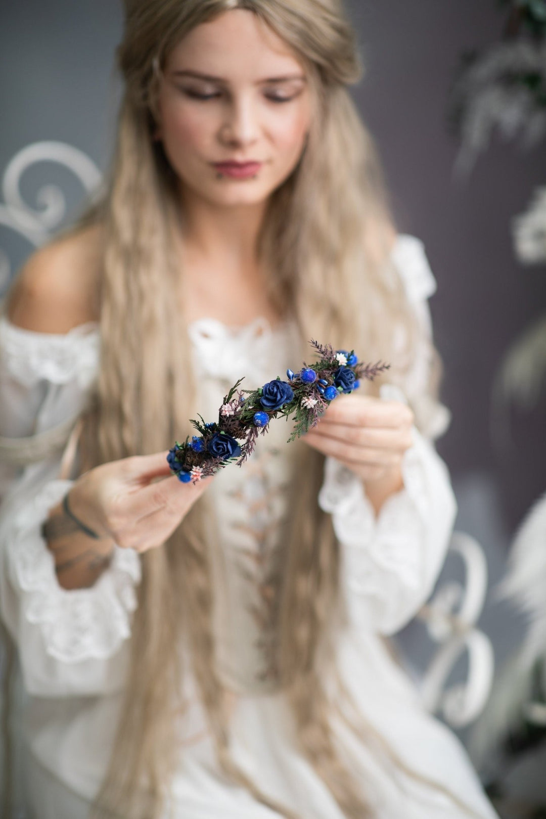 Winter Flower Headband: Blue Rose & Evergreen Bridal Crown – handmade floral hair accessory by magaela