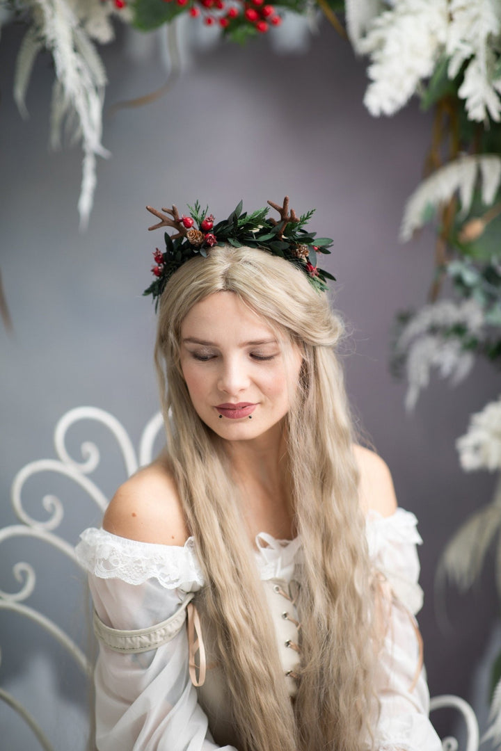Christmas Reindeer Antler Headband: Winter Floral Crown – handmade floral hair accessory by magaela