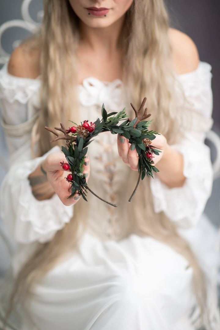 Christmas Reindeer Antler Headband: Winter Floral Crown – handmade floral hair accessory by magaela