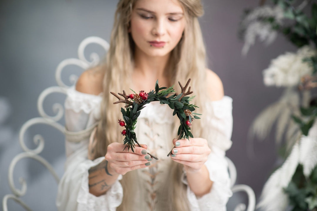 Christmas Reindeer Antler Headband: Winter Floral Crown – handmade floral hair accessory by magaela