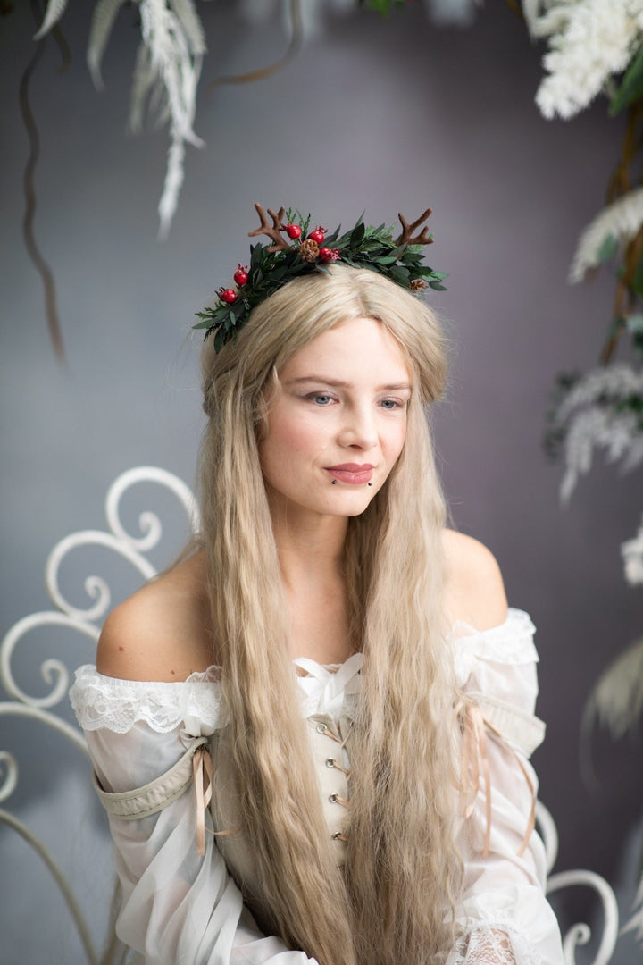 Christmas Reindeer Antler Headband: Winter Floral Crown – handmade floral hair accessory by magaela