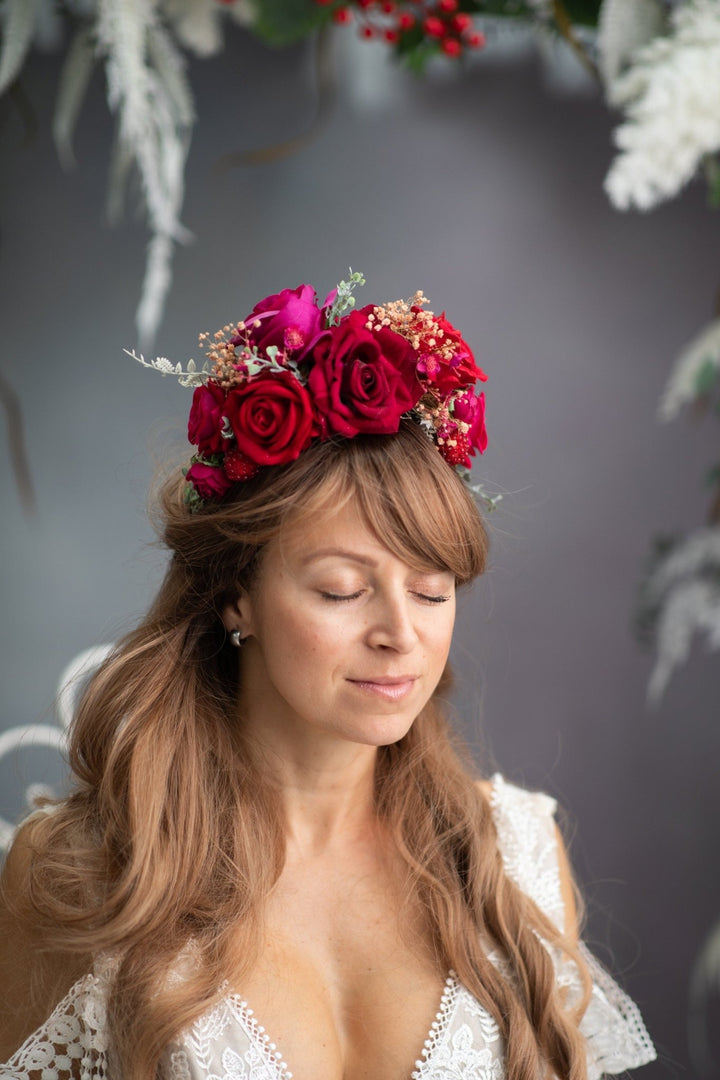 Red & Fuchsia Flower Headband: Frida Inspired Wedding Hairpiece – handmade floral hair accessory by magaela