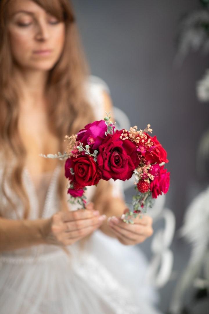 Red & Fuchsia Flower Headband: Frida Inspired Wedding Hairpiece – handmade floral hair accessory by magaela