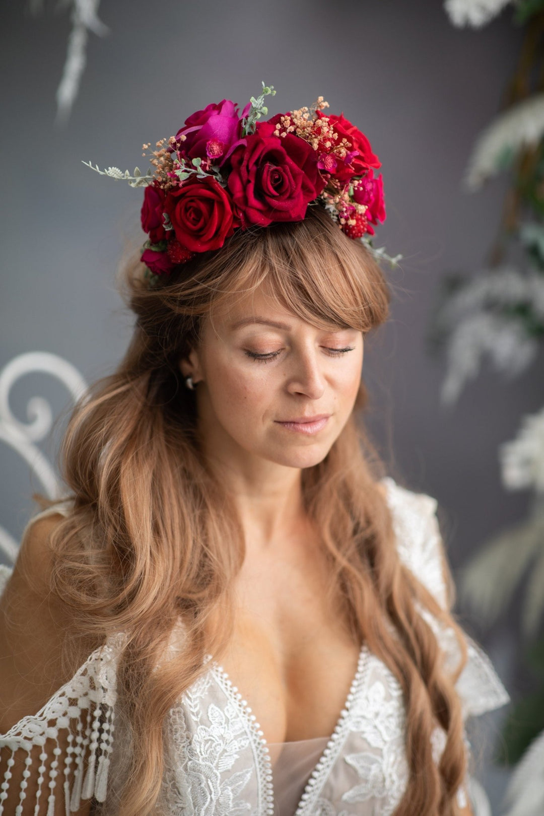 Red & Fuchsia Flower Headband: Frida Inspired Wedding Hairpiece – handmade floral hair accessory by magaela