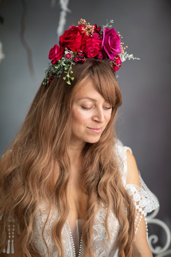 Red & Fuchsia Flower Headband: Frida Inspired Wedding Hairpiece – handmade floral hair accessory by magaela