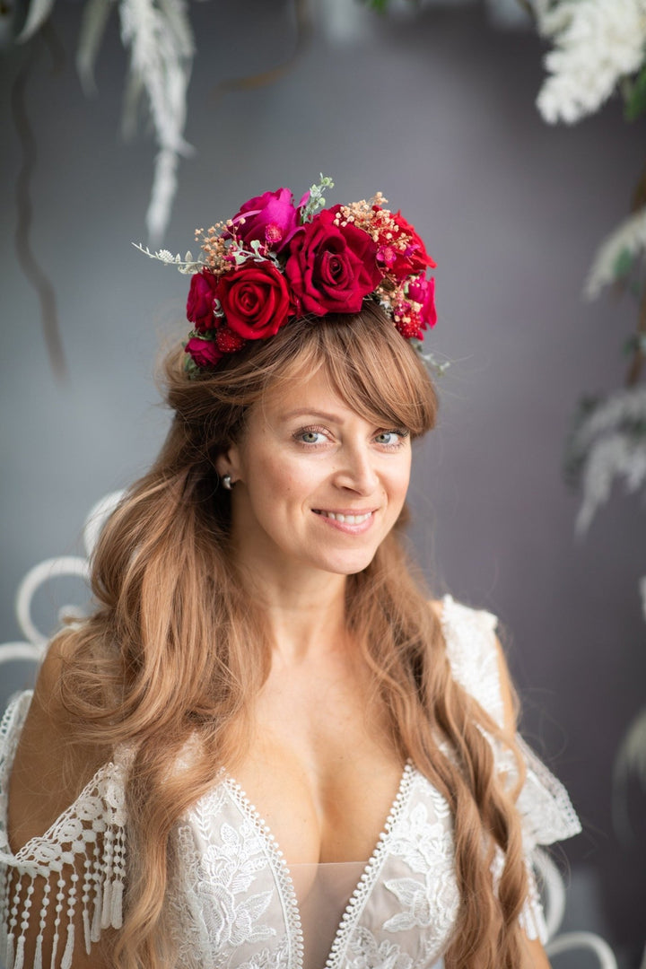 Red & Fuchsia Flower Headband: Frida Inspired Wedding Hairpiece – handmade floral hair accessory by magaela