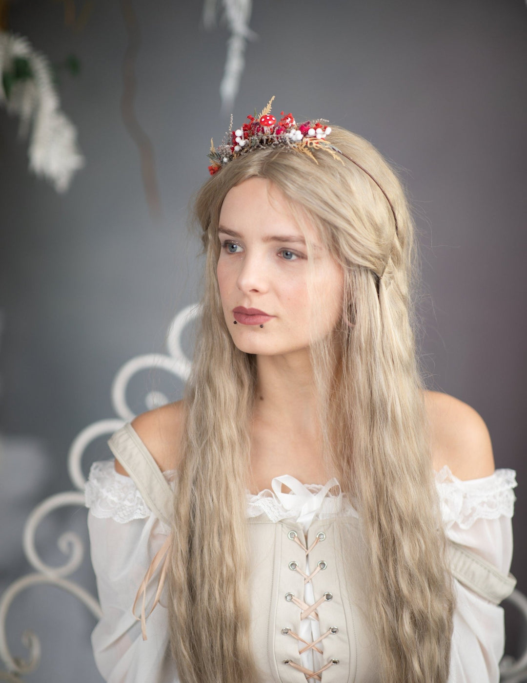 Red Woodland Flower Half Wreath: Mushroom Rosehip Fairy Crown – handmade floral hair accessory by magaela