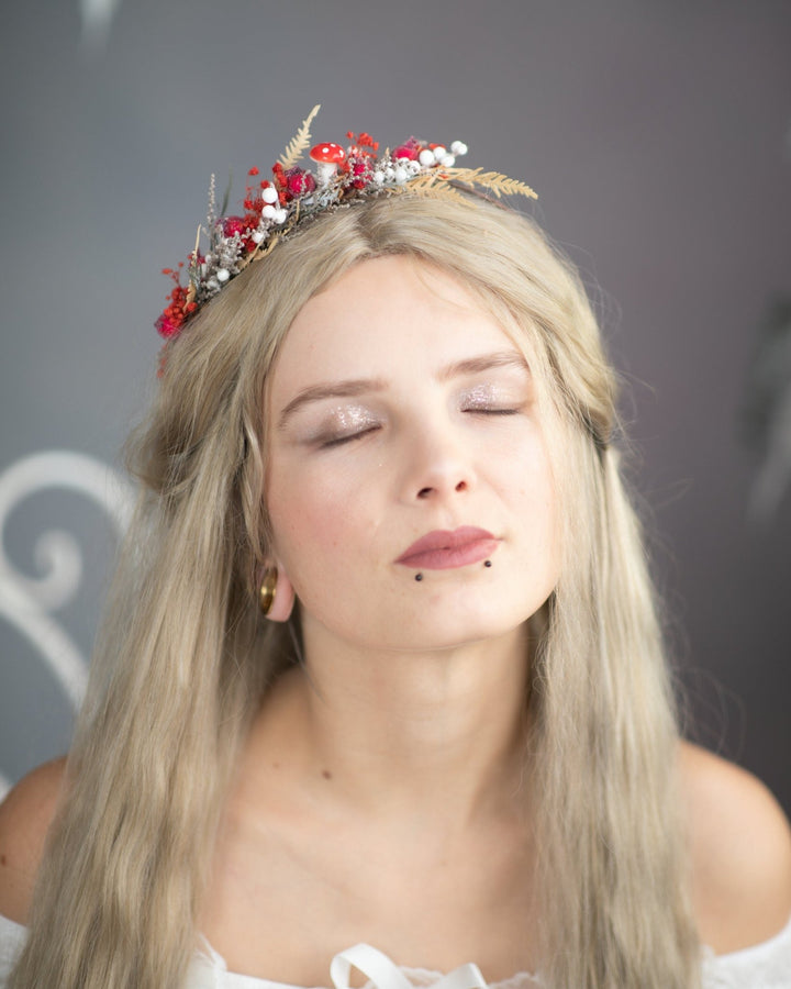 Red Woodland Flower Half Wreath: Mushroom Rosehip Fairy Crown – handmade floral hair accessory by magaela
