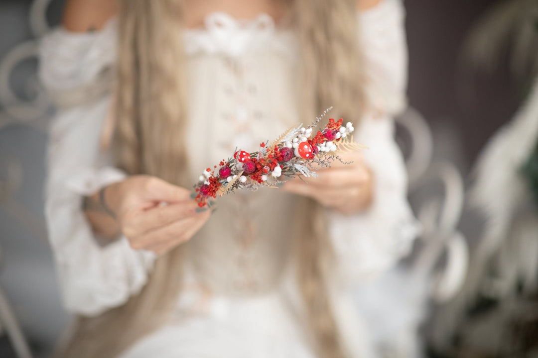 Red Woodland Flower Half Wreath: Mushroom Rosehip Fairy Crown – handmade floral hair accessory by magaela