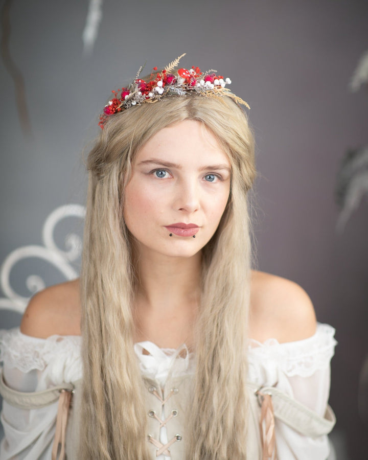 Red Woodland Flower Half Wreath: Mushroom Rosehip Fairy Crown – handmade floral hair accessory by magaela