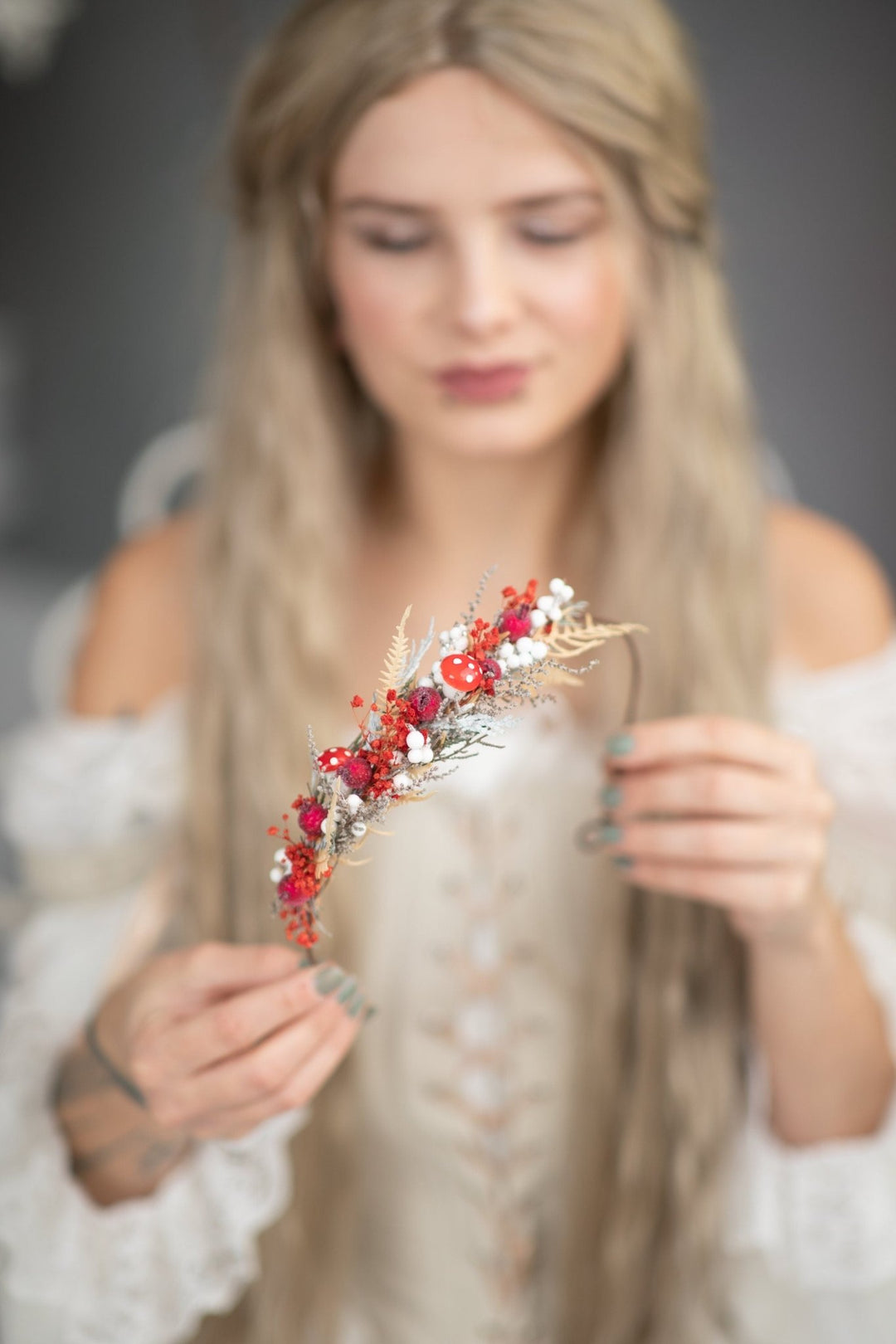 Red Woodland Flower Half Wreath: Mushroom Rosehip Fairy Crown – handmade floral hair accessory by magaela