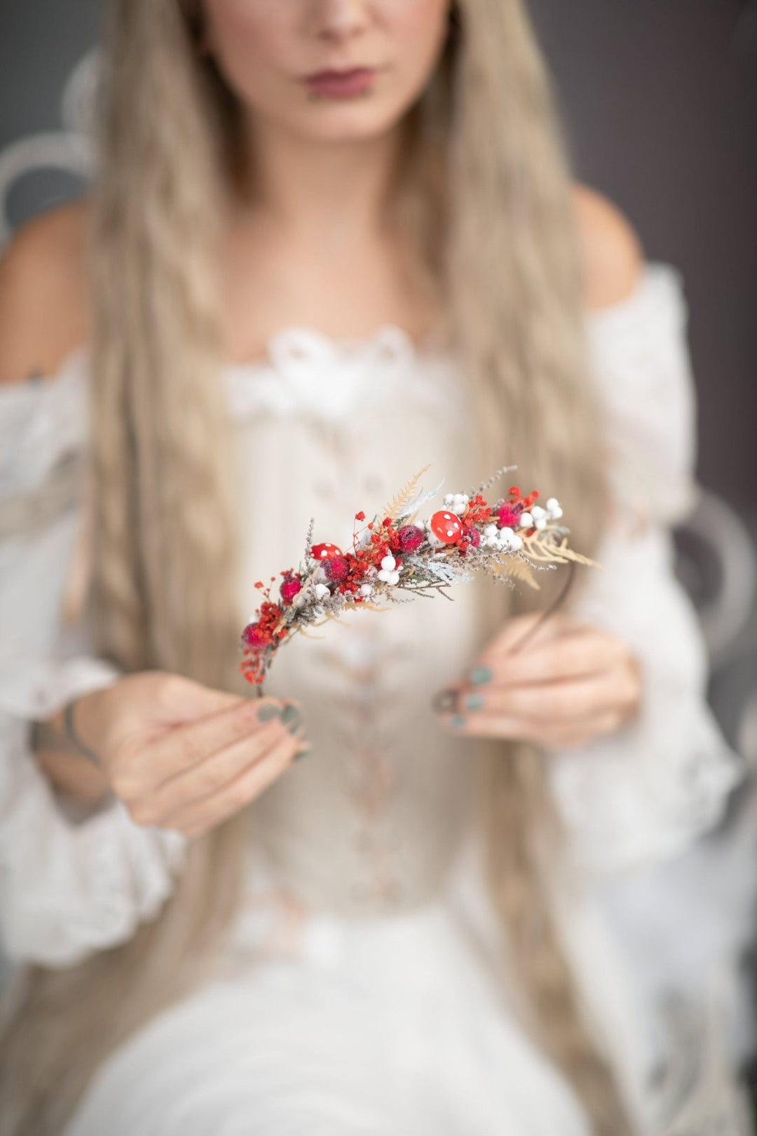 Red Woodland Flower Half Wreath: Mushroom Rosehip Fairy Crown – handmade floral hair accessory by magaela