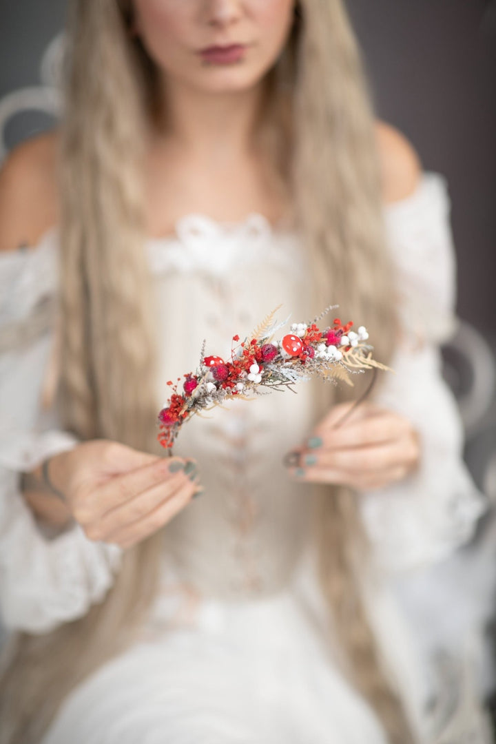 Red Woodland Flower Half Wreath: Mushroom Rosehip Fairy Crown – handmade floral hair accessory by magaela