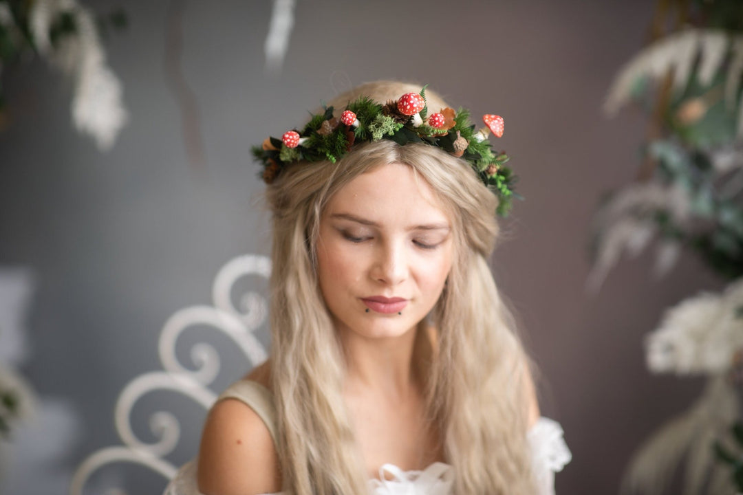 Woodland Flower Crown: Red Mushroom & Pine Cone Hair Wreath – handmade floral hair accessory by magaela