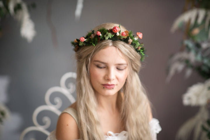 Woodland Flower Crown: Red Mushroom & Pine Cone Hair Wreath – handmade floral hair accessory by magaela