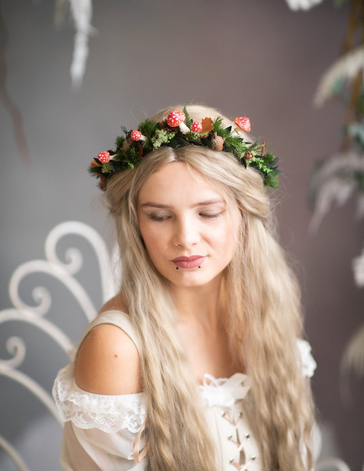 Woodland Flower Crown: Red Mushroom & Pine Cone Hair Wreath – handmade floral hair accessory by magaela