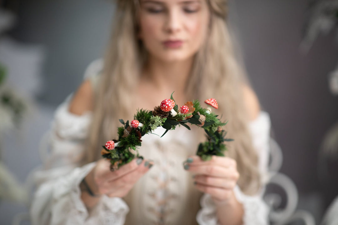Mushroom Flower Crown: Woodland Fairytale Headpiece – handmade floral hair accessory by magaela