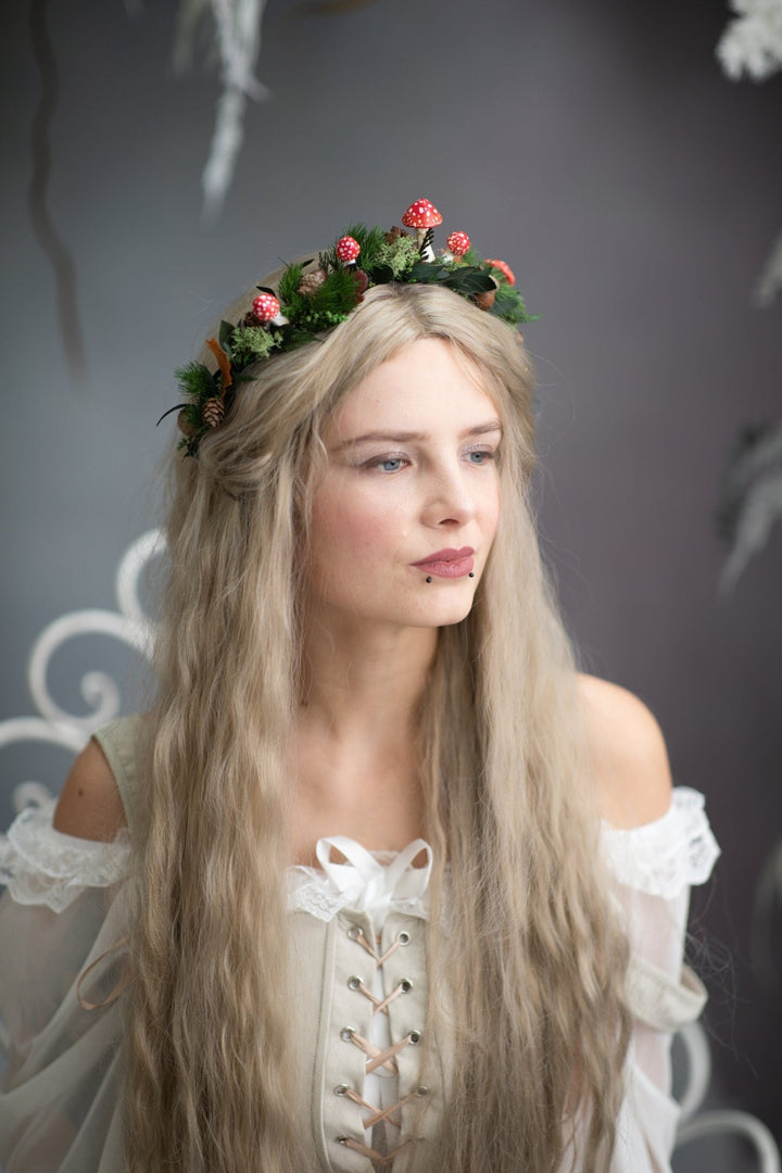 Woodland Flower Crown: Red Mushroom & Pine Cone Hair Wreath – handmade floral hair accessory by magaela