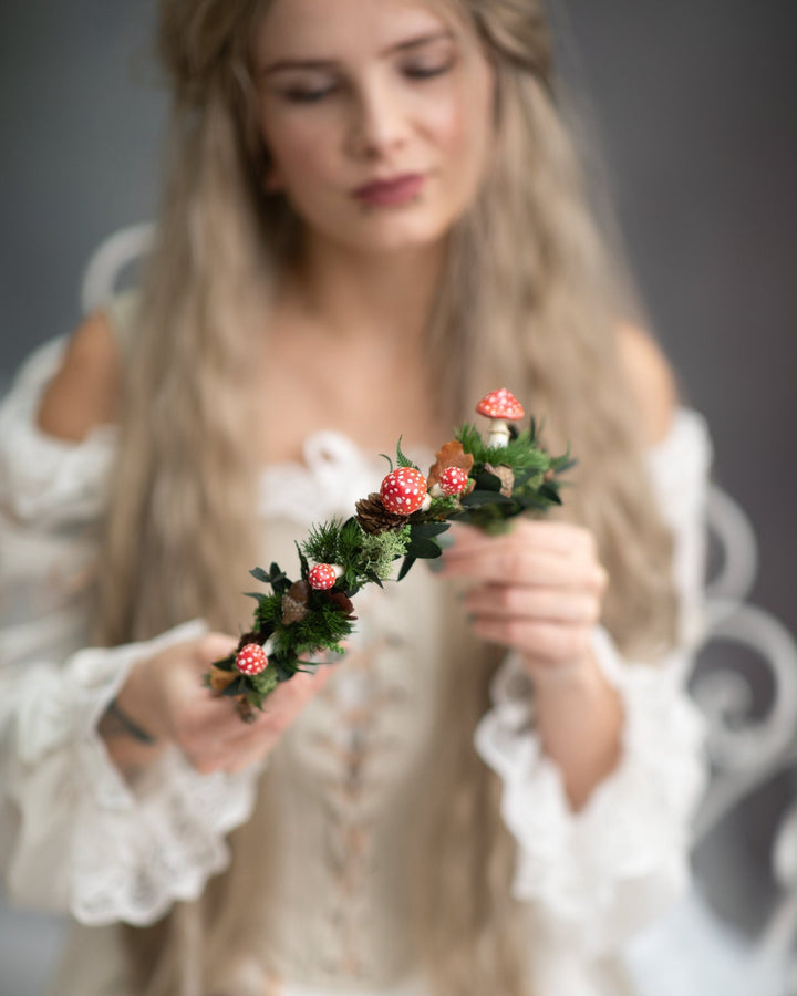 Mushroom Flower Crown: Woodland Fairytale Headpiece – handmade floral hair accessory by magaela