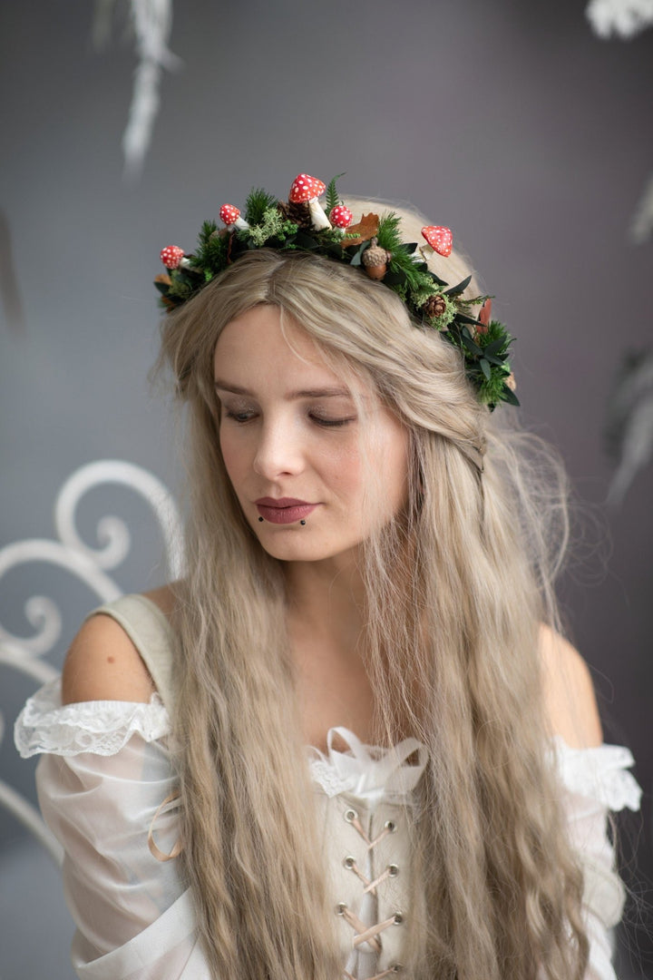 Woodland Flower Crown: Red Mushroom & Pine Cone Hair Wreath – handmade floral hair accessory by magaela