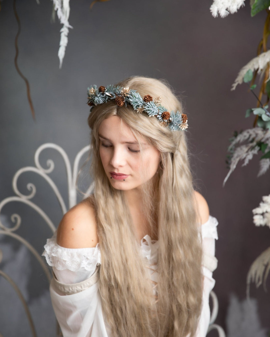 Winter Flower Hair Crown: Pine Cone Woodland half wreath – handmade floral hair accessory by magaela