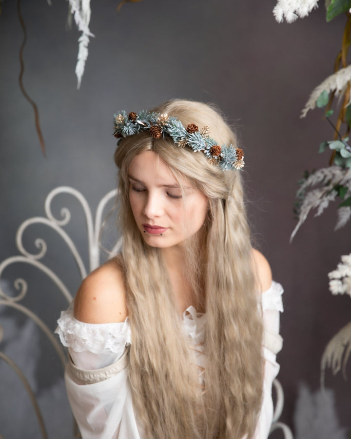 Winter Flower Hair Crown: Pine Cone Woodland half wreath – handmade floral hair accessory by magaela