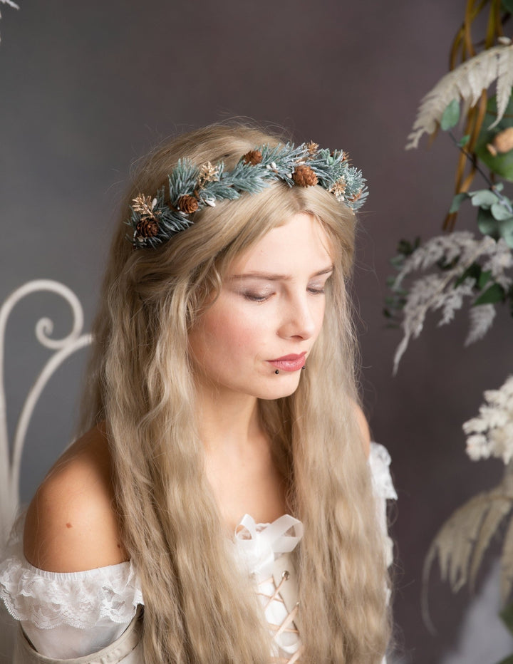 Winter Flower Hair Crown: Pine Cone Woodland half wreath – handmade floral hair accessory by magaela