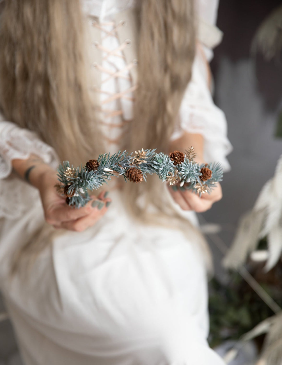 Winter Flower Hair Crown: Pine Cone Woodland half wreath – handmade floral hair accessory by magaela