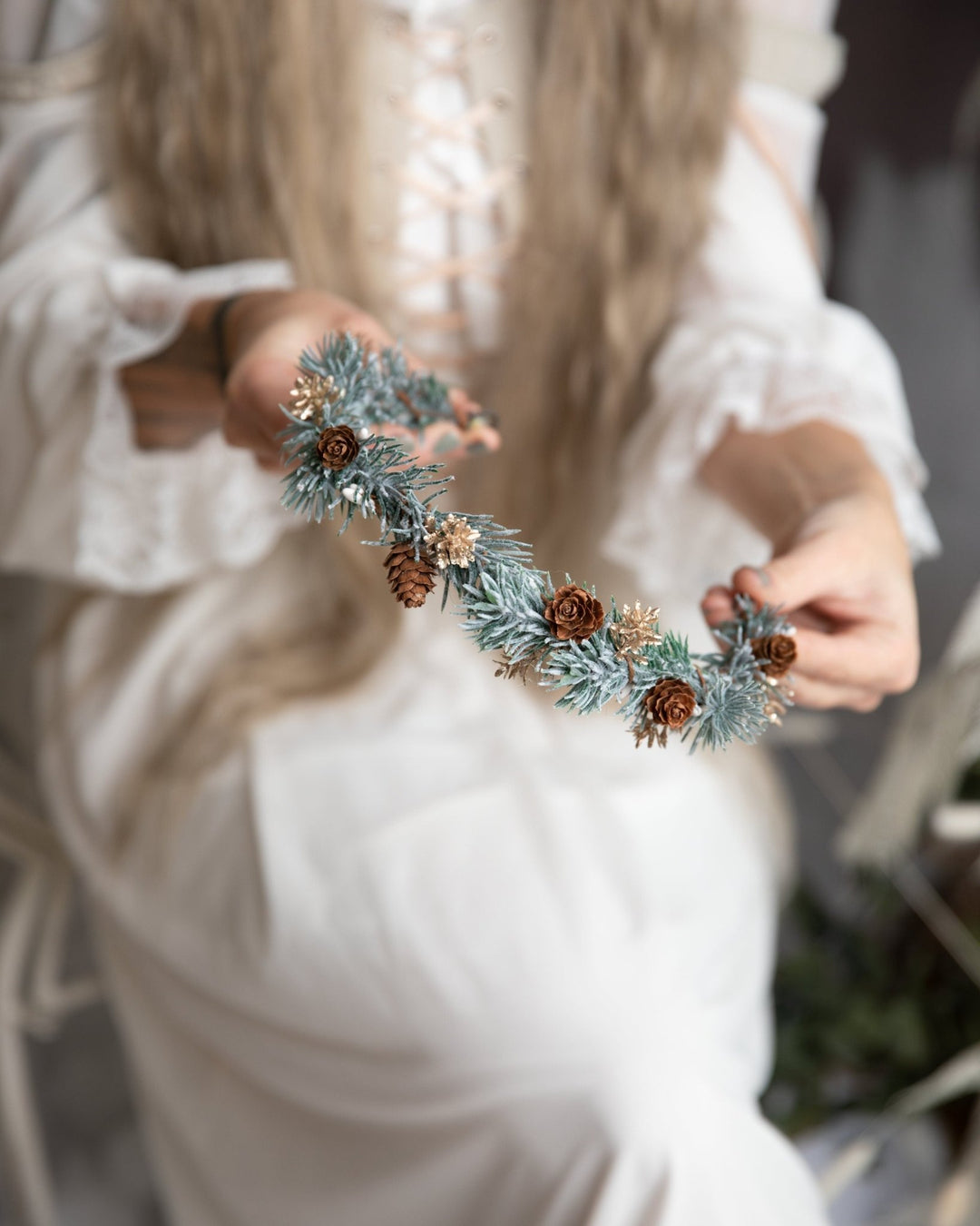 Winter Flower Hair Crown: Pine Cone Woodland half wreath – handmade floral hair accessory by magaela
