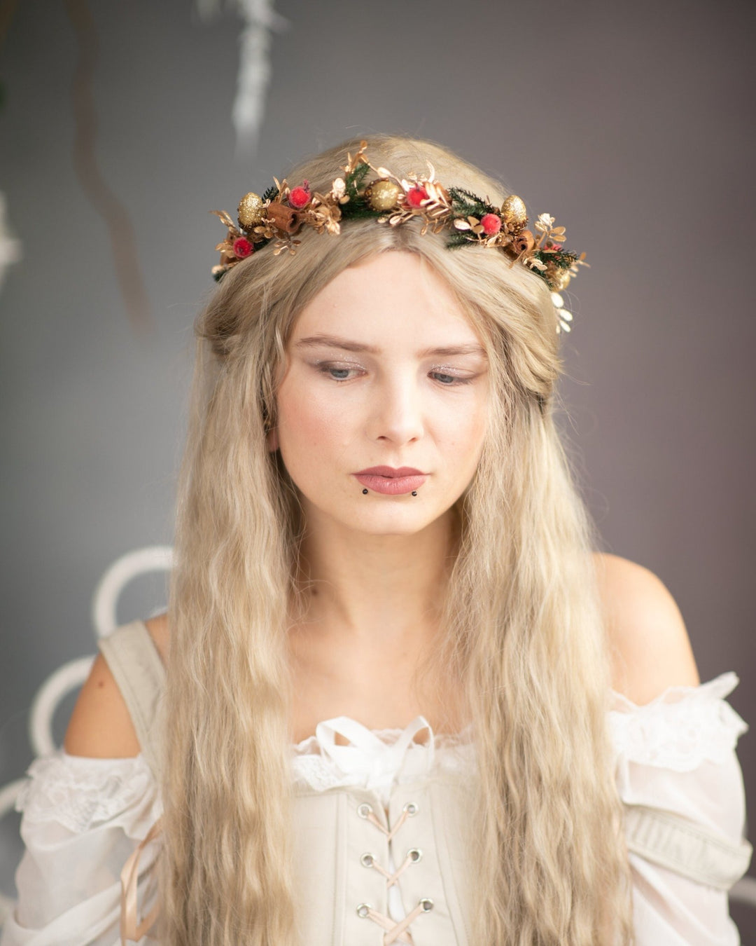 Christmas Hair Crown: Rose Hips, Cinnamon, Winter Wedding Wreath – handmade floral hair accessory by magaela