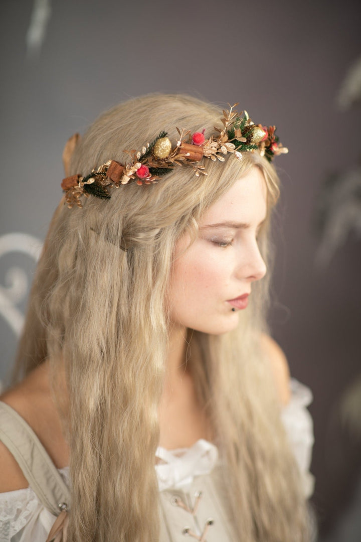 Christmas Hair Crown: Rose Hips, Cinnamon, Winter Wedding Wreath – handmade floral hair accessory by magaela