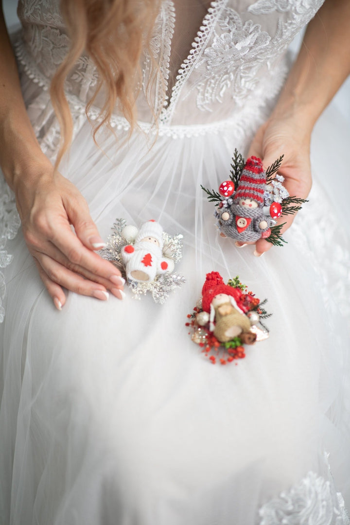 Christmas Doll Brooch: Winter Flower Corsage, Bridal Accessory – handmade floral hair accessory by magaela