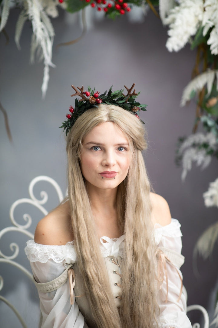 Christmas Reindeer Antler Headband: Winter Floral Crown – handmade floral hair accessory by magaela