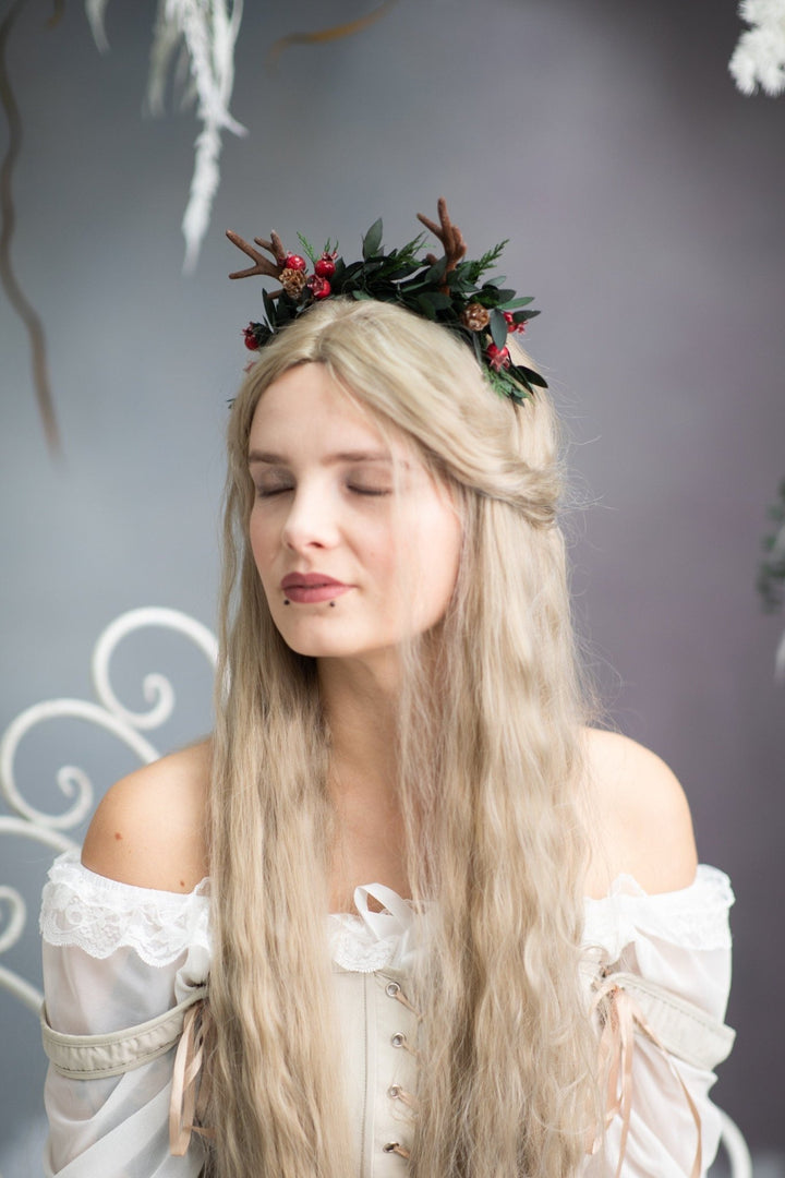 Christmas Reindeer Antler Headband: Winter Floral Crown – handmade floral hair accessory by magaela