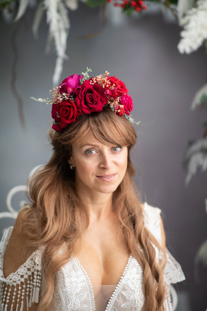 Red & Fuchsia Flower Headband: Frida Inspired Wedding Hairpiece – handmade floral hair accessory by magaela