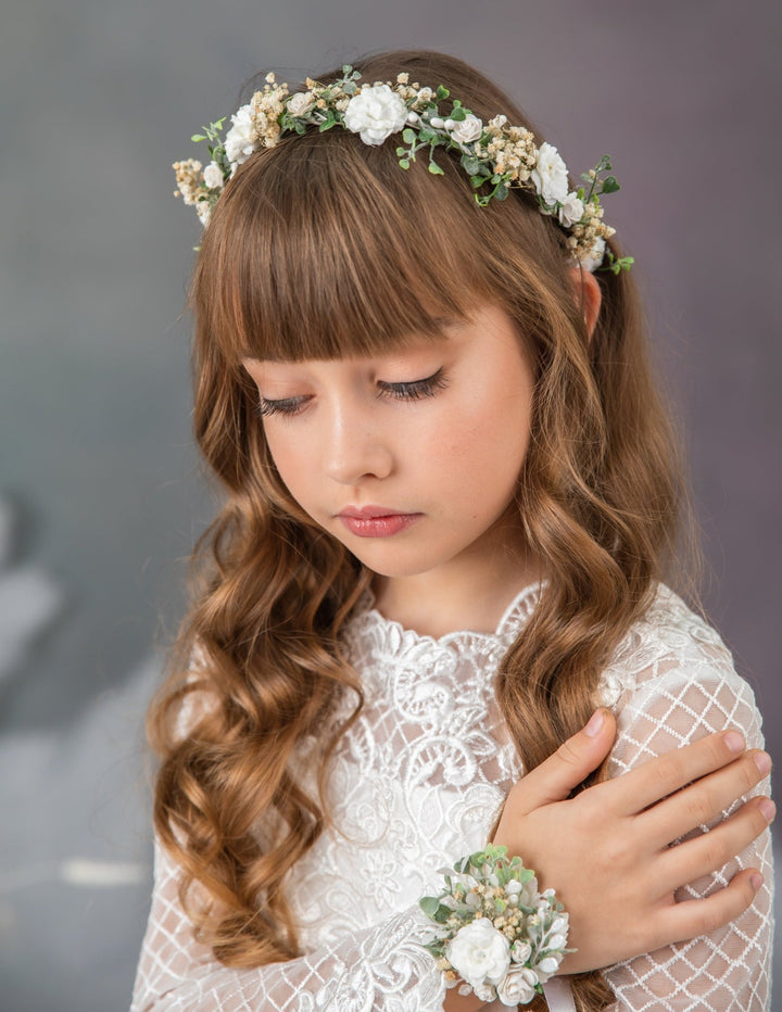 First Communion Flower Crown: White Floral Hair Wreath & Bracelet – handmade floral hair accessory by magaela