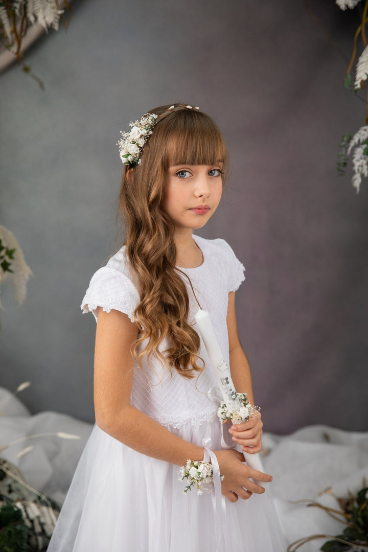 First Communion Flower Set: Headband, Bracelet, Candle Decoration – handmade floral hair accessory by magaela