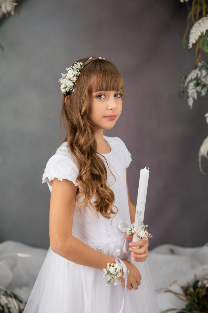 First Communion Flower Set: Headband, Bracelet, Candle Decoration – handmade floral hair accessory by magaela