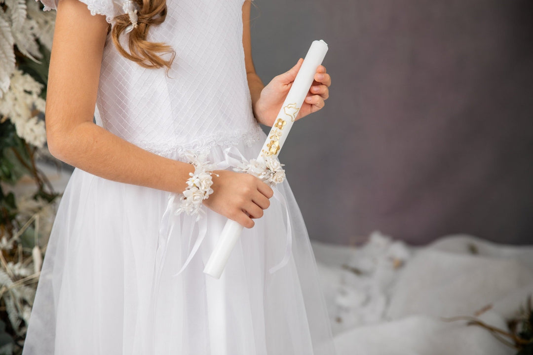 Communion Flower Accessories Set: Garland, Bracelet, Earrings, Candle Decor – handmade floral hair accessory by magaela