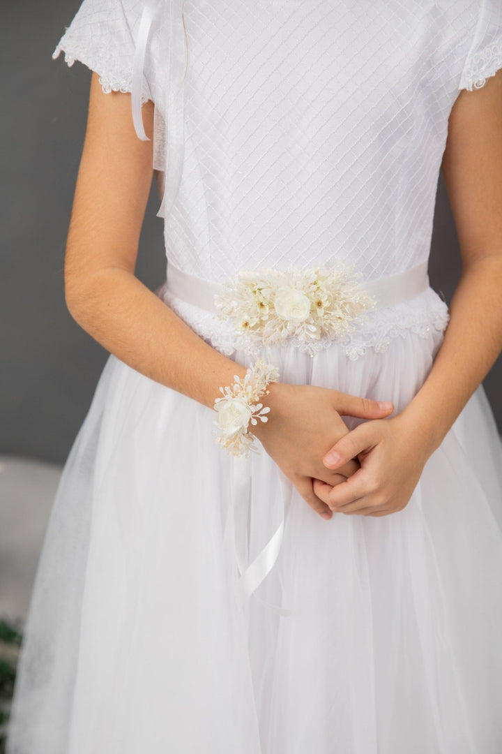 First Communion Flower Crown Set: Ivory Hair Wreath, Bracelet & Belt – handmade floral hair accessory by magaela