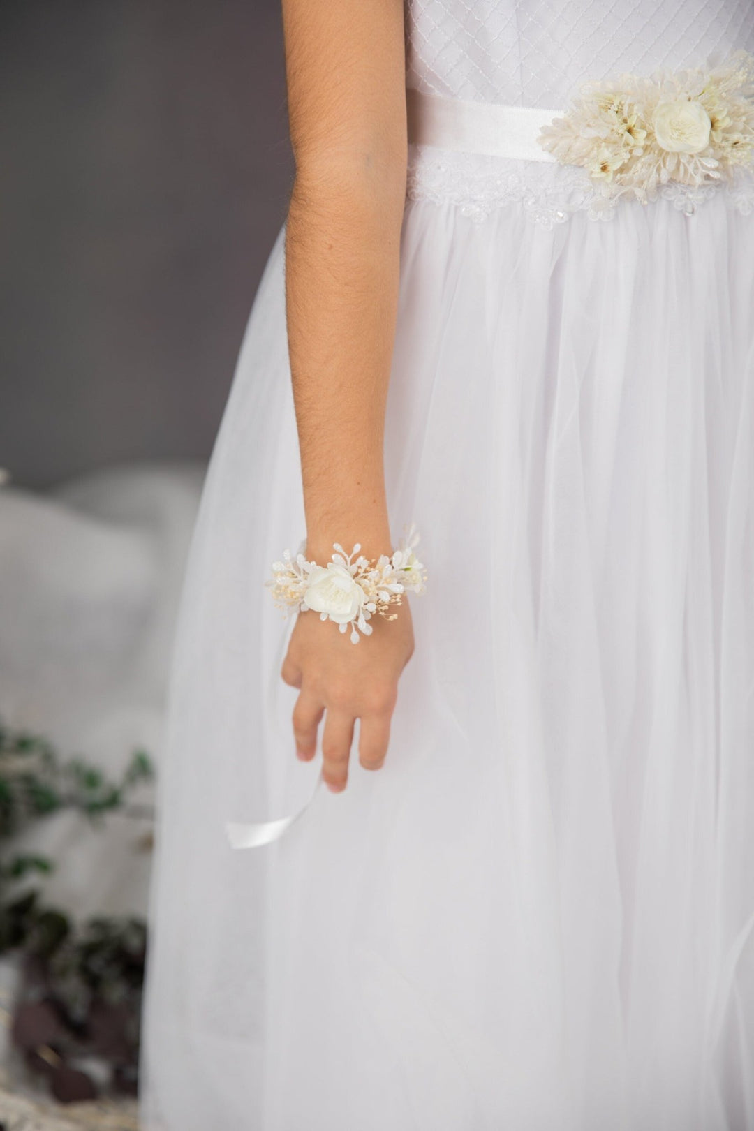 First Communion Flower Crown Set: Ivory Hair Wreath, Bracelet & Belt – handmade floral hair accessory by magaela