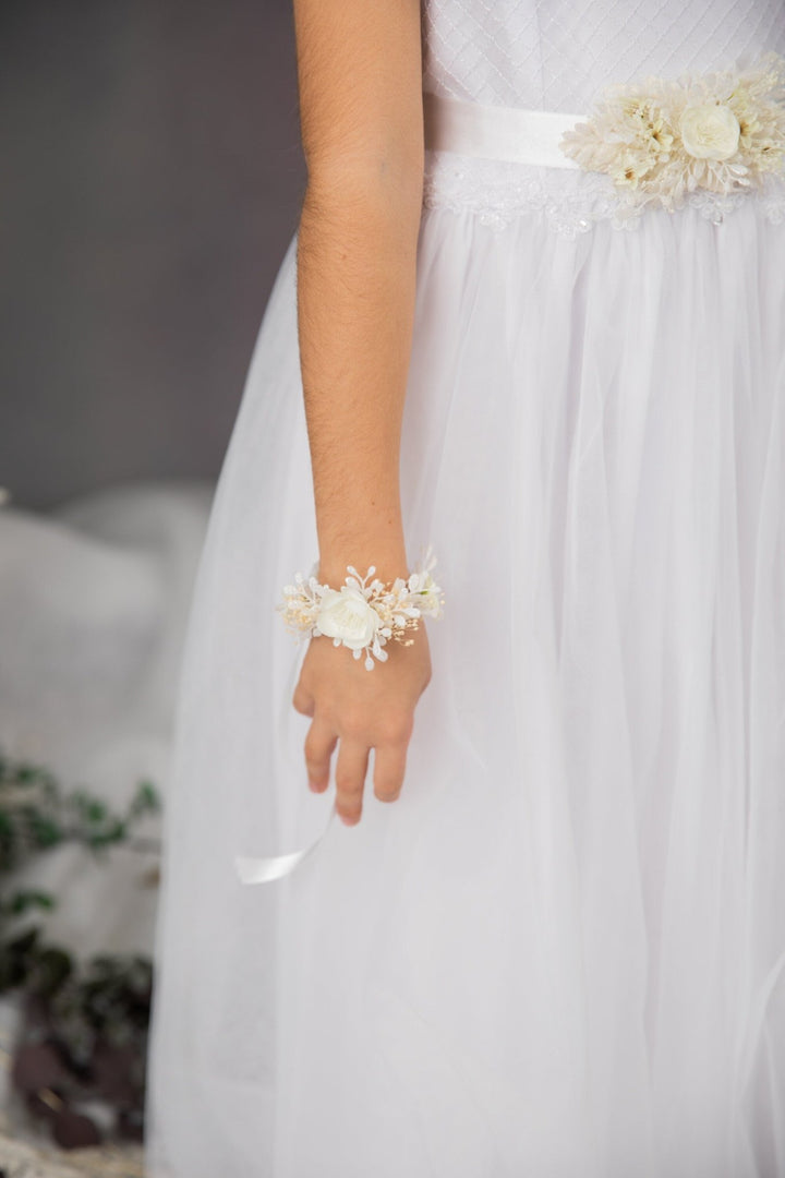 First Communion Flower Crown Set: Ivory Hair Wreath, Bracelet & Belt – handmade floral hair accessory by magaela