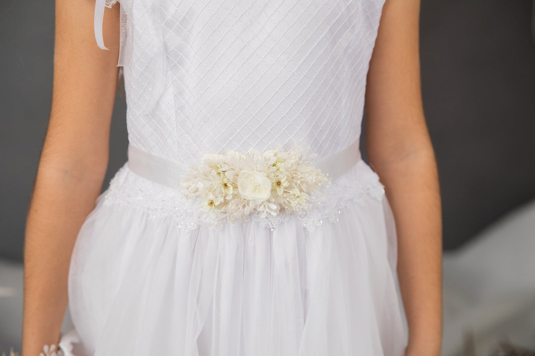 First Communion Flower Crown Set: Ivory Hair Wreath, Bracelet & Belt – handmade floral hair accessory by magaela