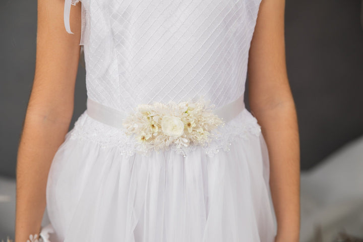 First Communion Flower Crown Set: Ivory Hair Wreath, Bracelet & Belt – handmade floral hair accessory by magaela
