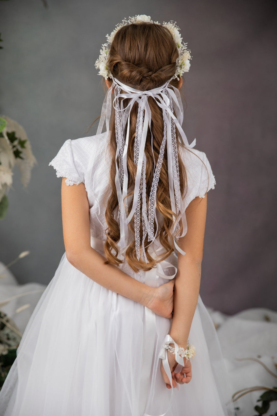 First Communion Flower Crown Set: Ivory Hair Wreath, Bracelet & Belt – handmade floral hair accessory by magaela