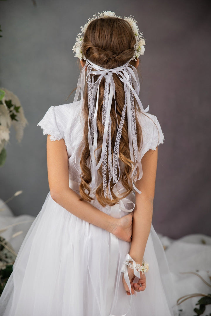 First Communion Flower Crown Set: Ivory Hair Wreath, Bracelet & Belt – handmade floral hair accessory by magaela