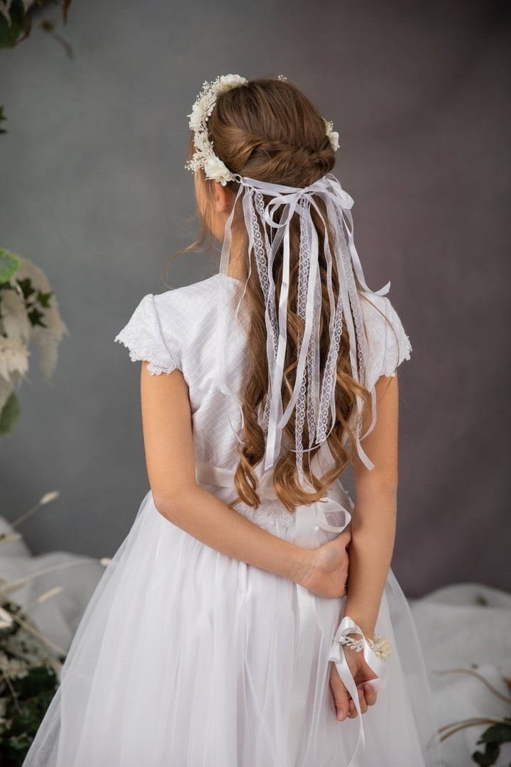 First Communion Flower Crown Set: Ivory Hair Wreath, Bracelet & Belt – handmade floral hair accessory by magaela
