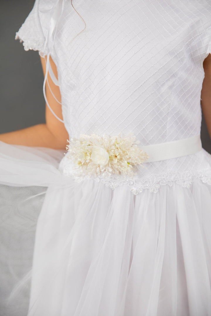 First Communion Flower Crown Set: Ivory Hair Wreath, Bracelet & Belt – handmade floral hair accessory by magaela