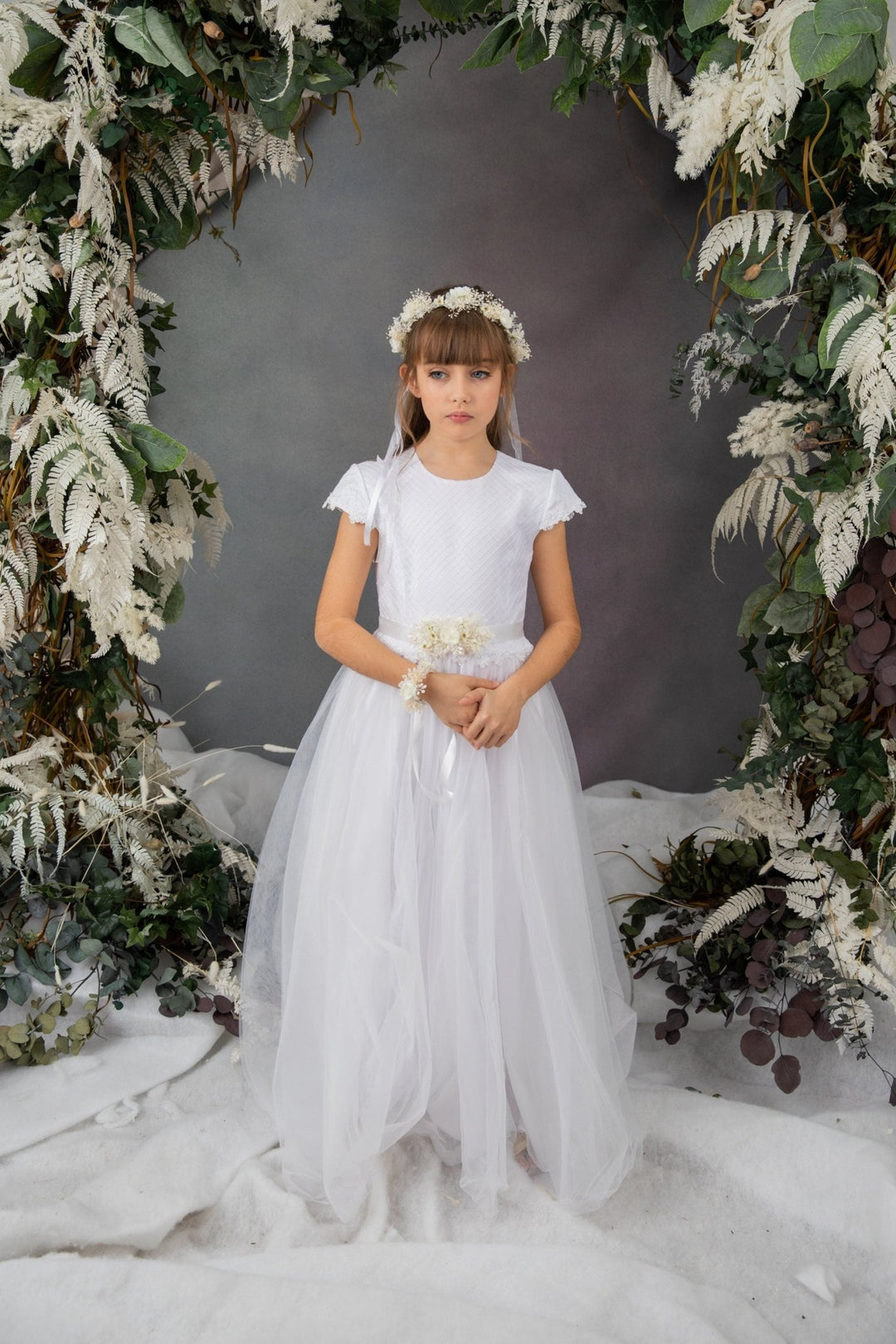 First Communion Flower Crown Set: Ivory Hair Wreath, Bracelet & Belt – handmade floral hair accessory by magaela