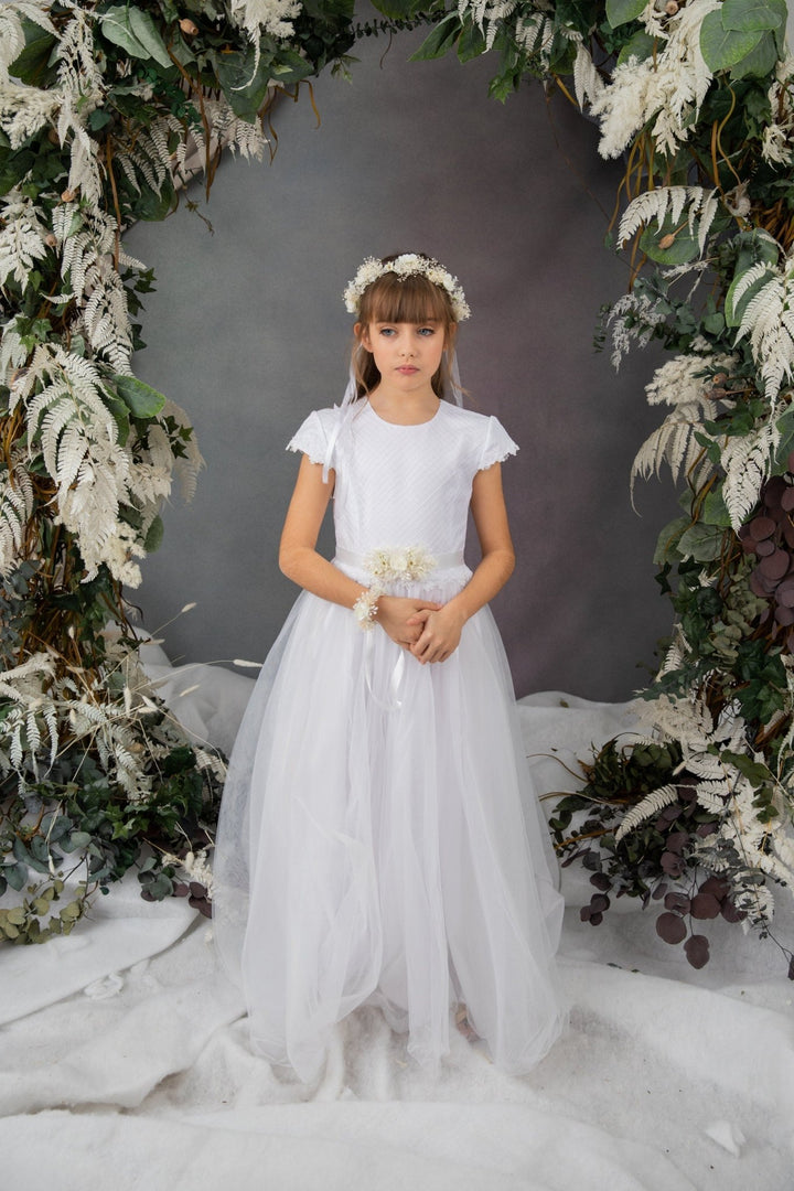 First Communion Flower Crown Set: Ivory Hair Wreath, Bracelet & Belt – handmade floral hair accessory by magaela